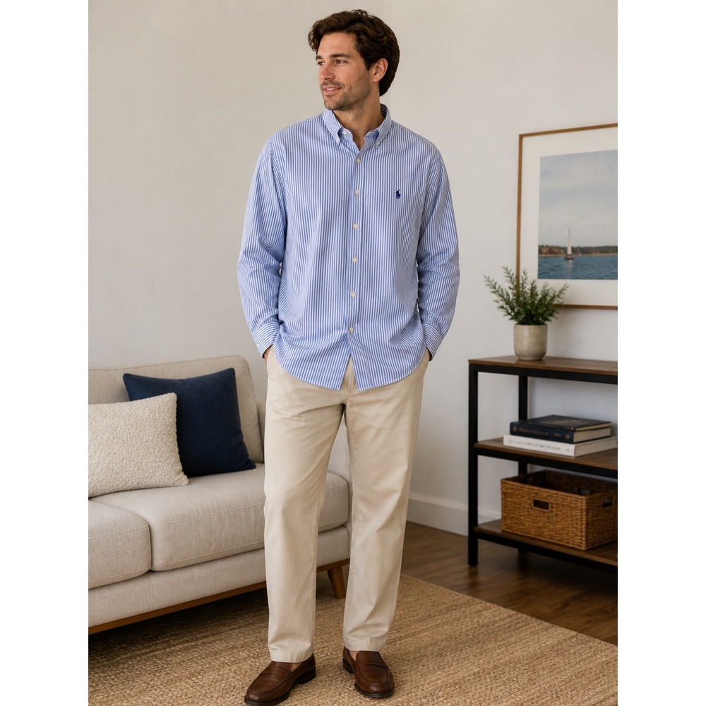 Ralph Lauren Blue White Striped‎ Button Down Shirt XXL Tall Classic Performance